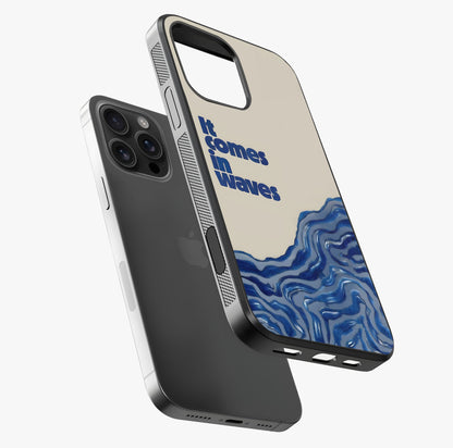 It Comes In Waves Quote Glass Case laid diagonally highlighting side profile, edges and glossy glass shine.