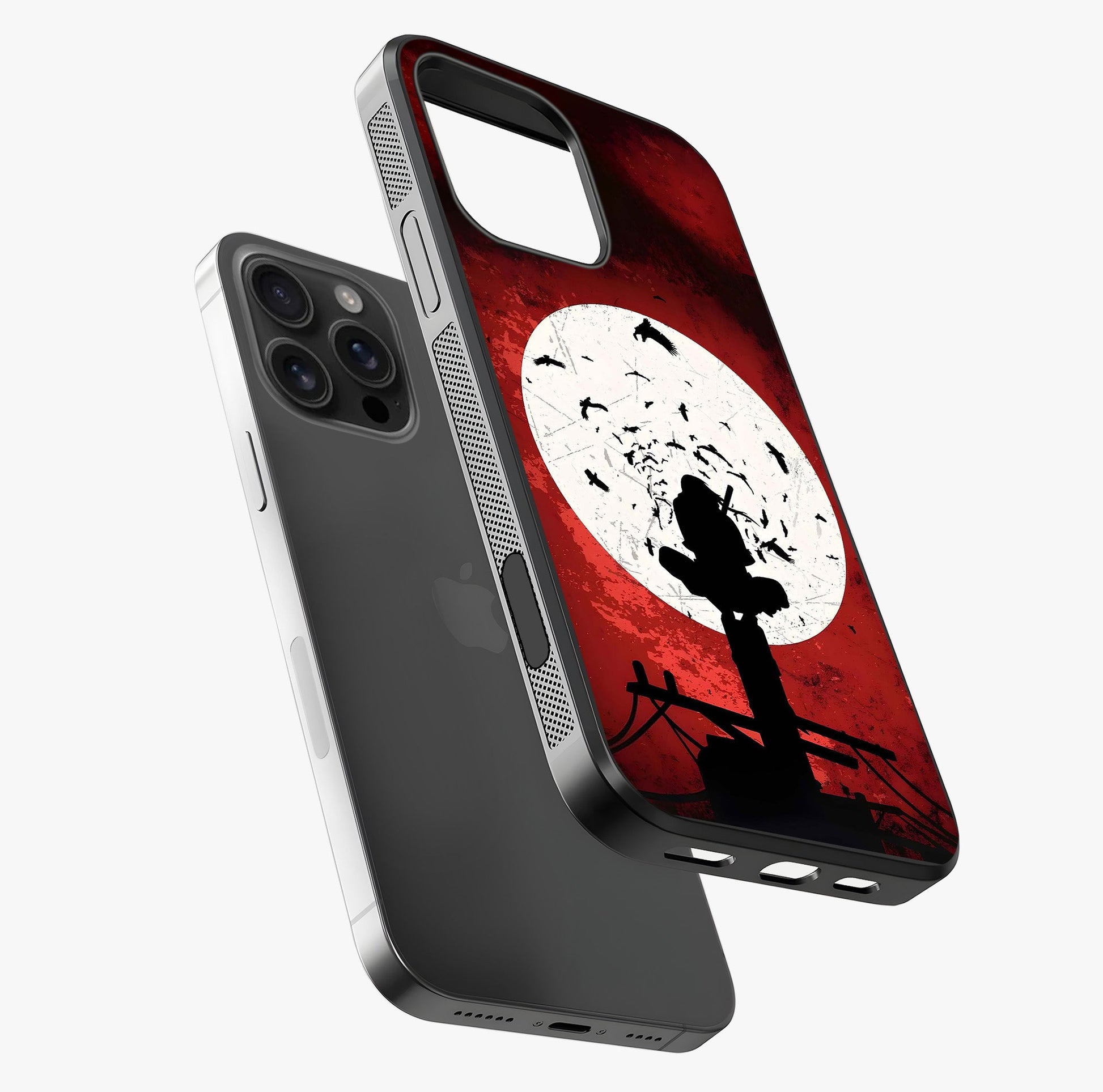 Itachi Limited Edition Naruto Anime Glass Case laid diagonally highlighting side profile, edges and glossy glass shine.