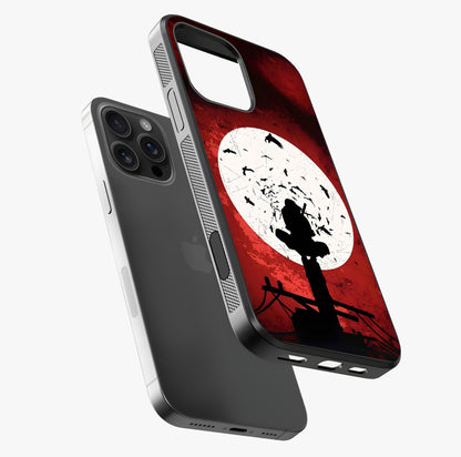 Itachi Limited Edition Naruto Anime Glass Case laid diagonally highlighting side profile, edges and glossy glass shine.