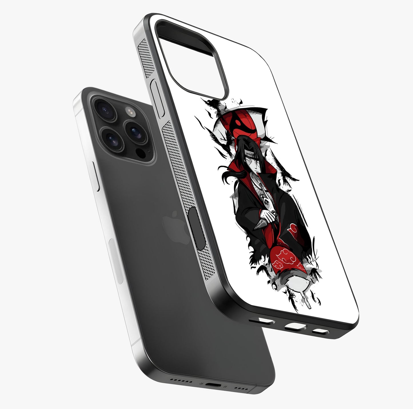 Itachi Sharingan Glass Case laid diagonally highlighting side profile, edges and glossy glass shine.