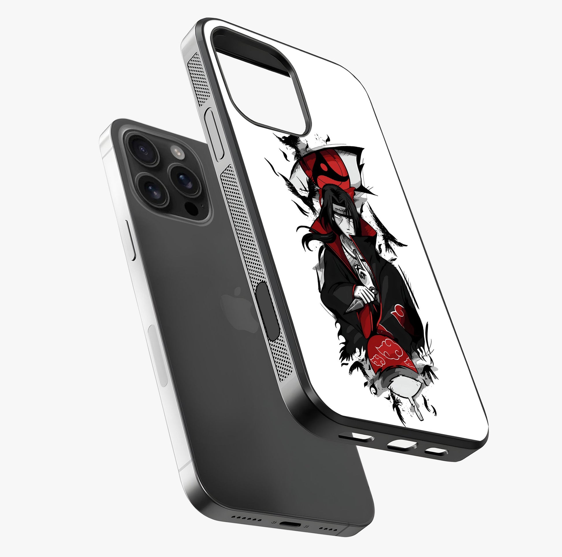 Itachi Sharingan Glass Case laid diagonally highlighting side profile, edges and glossy glass shine.