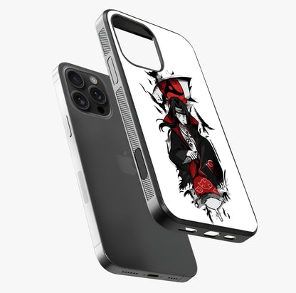 Itachi Sharingan Glass Case laid diagonally highlighting side profile, edges and glossy glass shine.