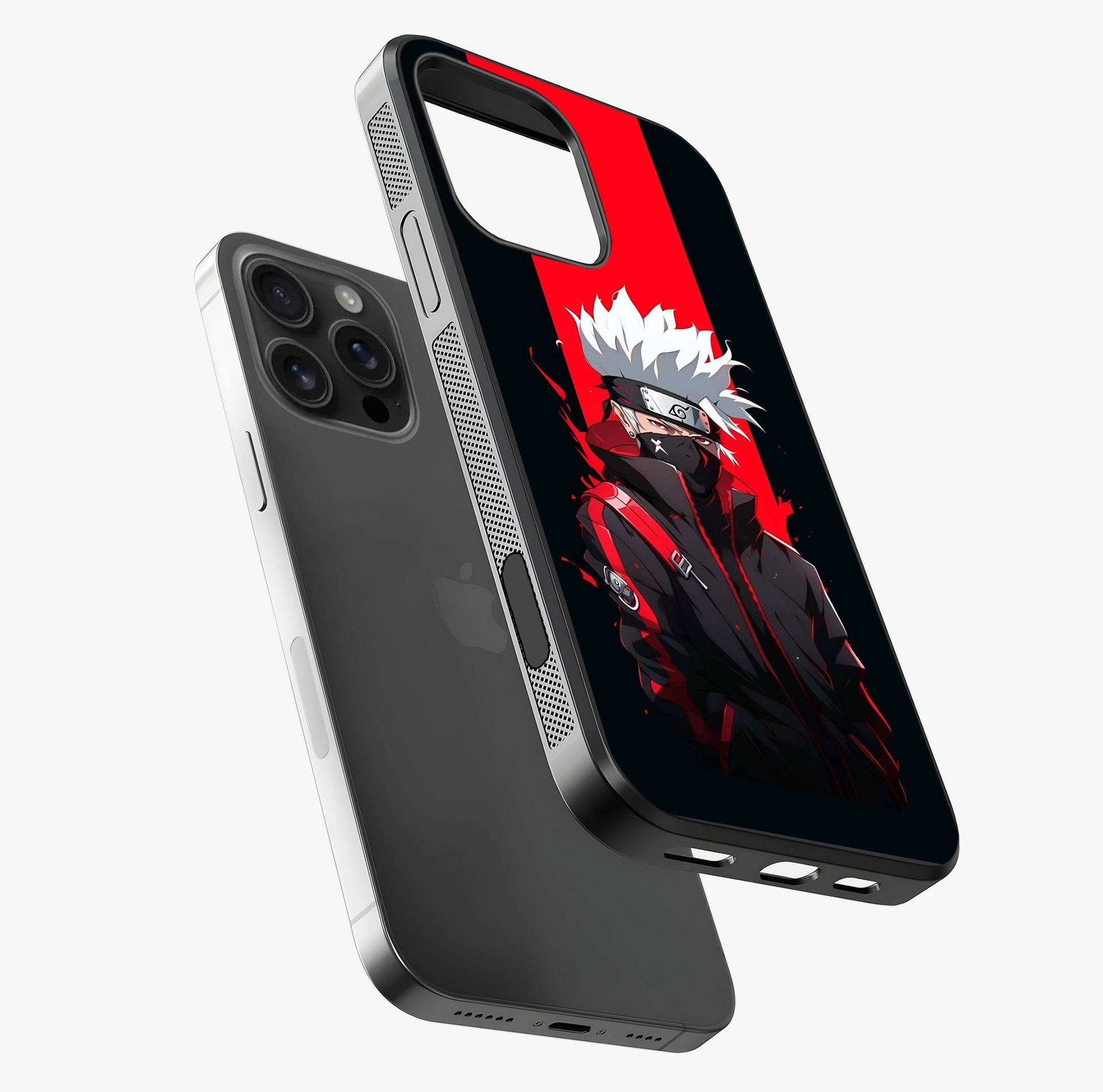 Kakashi Scarlet Shadow Glass Case laid diagonally highlighting side profile, edges and glossy glass shine.
