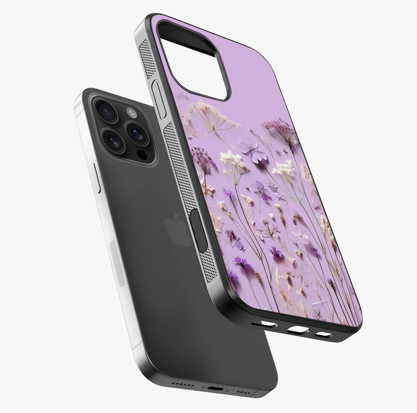 Lavender Blossom Dream Glass Case laid diagonally highlighting side profile, edges and glossy glass shine.