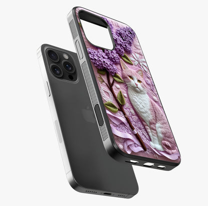 Lavender Cat Whimsy Glass Case laid diagonally highlighting side profile, edges and glossy glass shine.