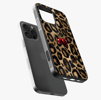Leopard Wild Cherry Glass Case laid diagonally highlighting side profile, edges and glossy glass shine.