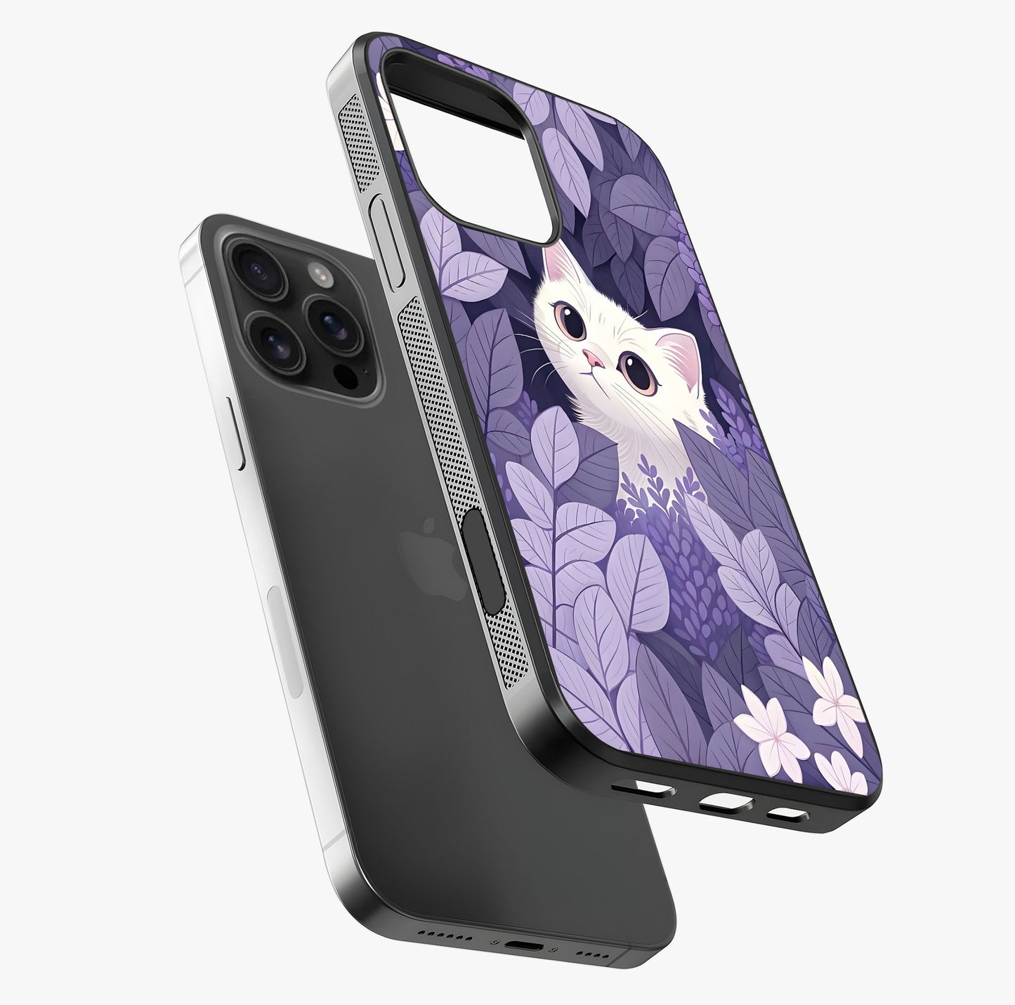 Lilac Hide Peek Cat Glass Case laid diagonally highlighting side profile, edges and glossy glass shine.