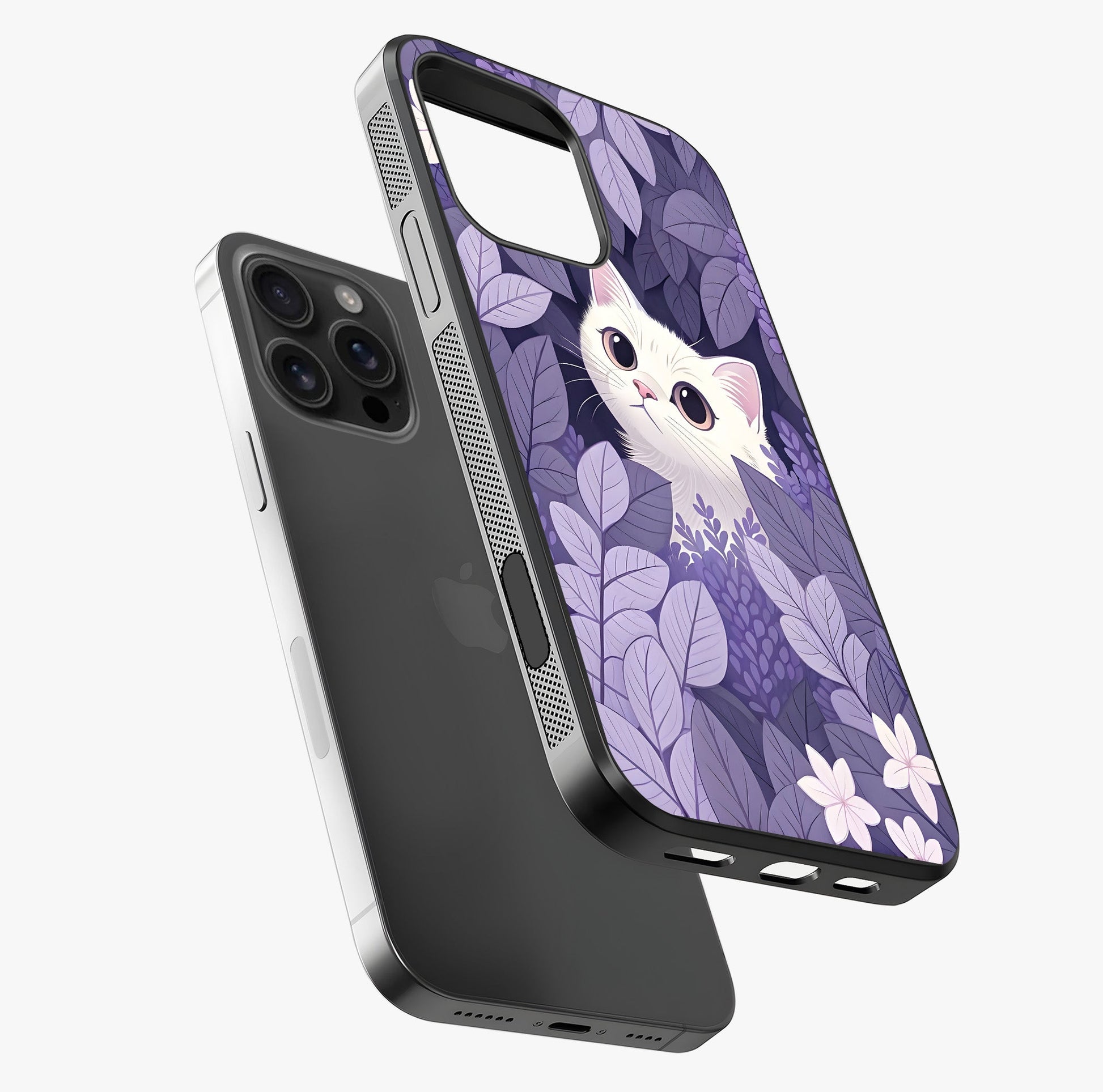 Lilac Hide Peek Cat Glass Case laid diagonally highlighting side profile, edges and glossy glass shine.