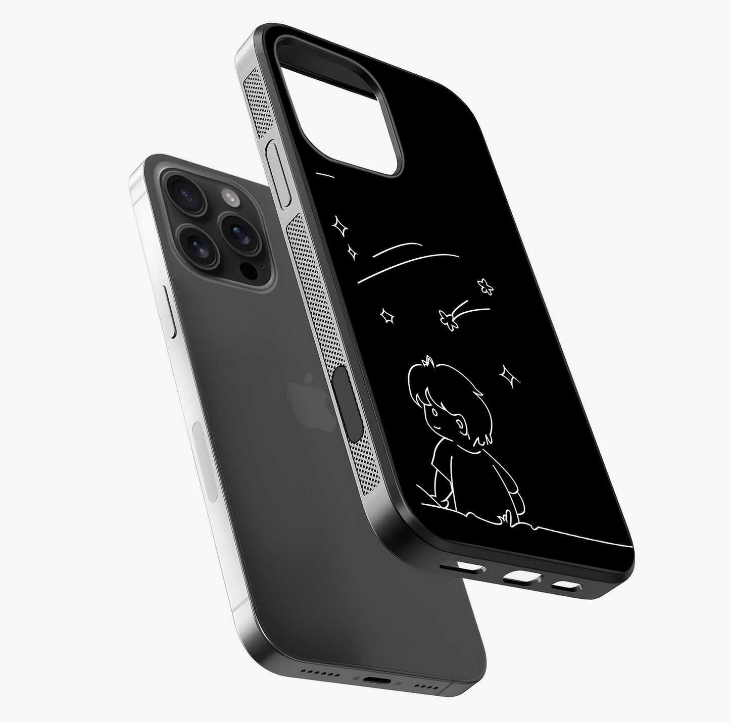 Line Art Boy With Shooting Stars Glass Case laid diagonally highlighting side profile, edges and glossy glass shine.