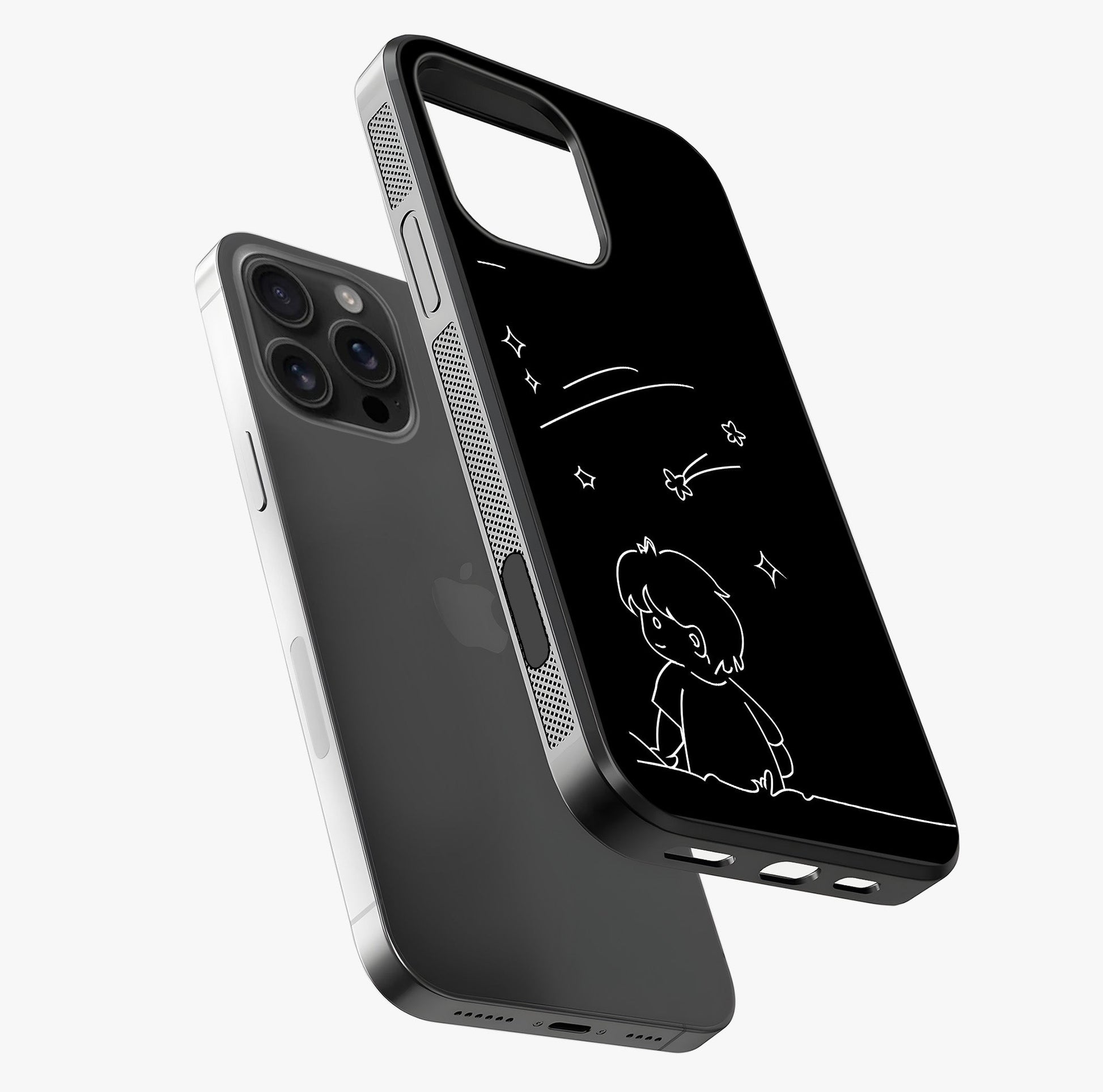 Line Art Boy With Shooting Stars Glass Case laid diagonally highlighting side profile, edges and glossy glass shine.