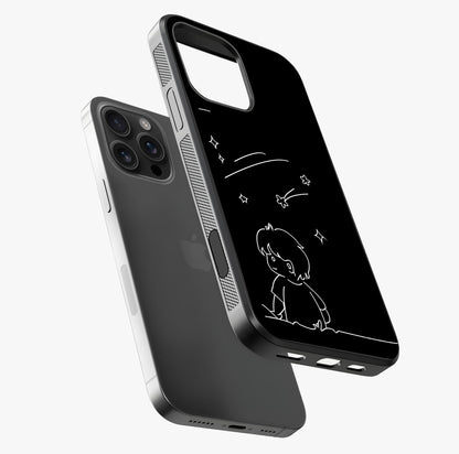 Line Art Boy With Shooting Stars Glass Case laid diagonally highlighting side profile, edges and glossy glass shine.