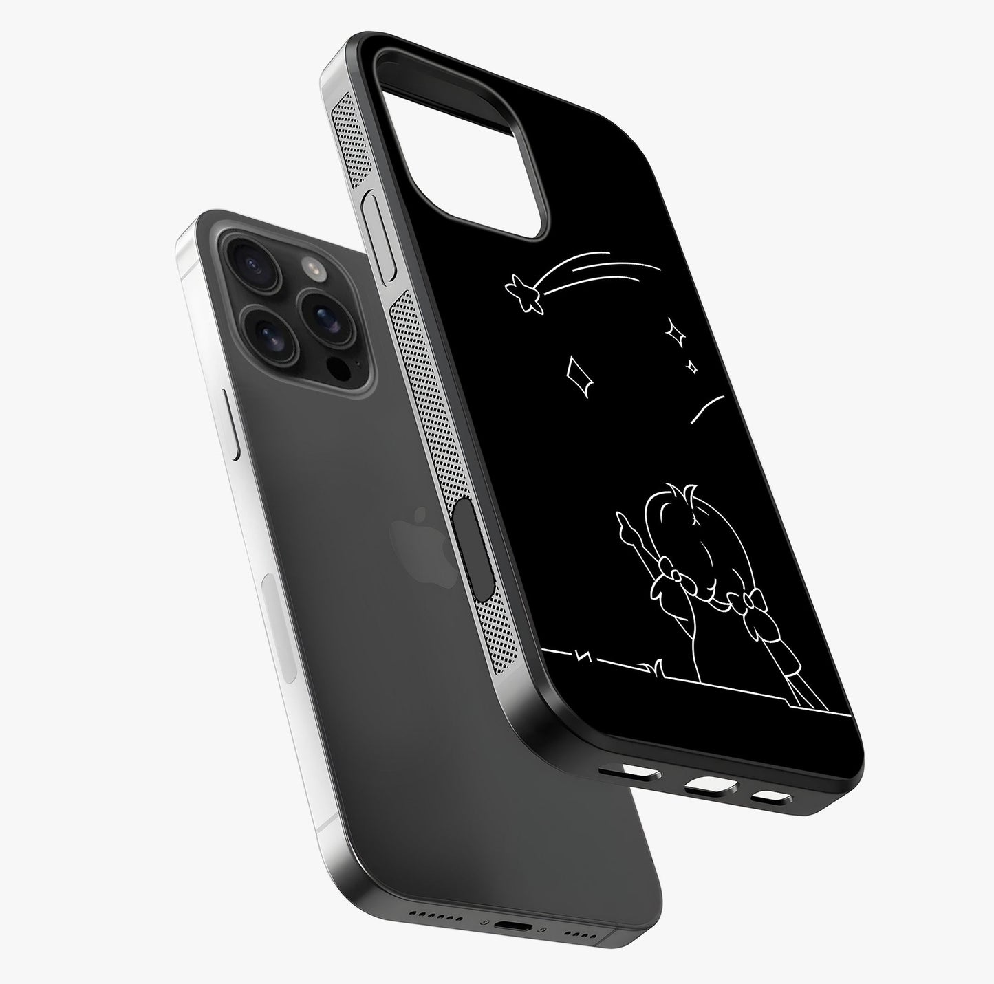 Line Art Girl With Shooting Stars Glass Case laid diagonally highlighting side profile, edges and glossy glass shine.