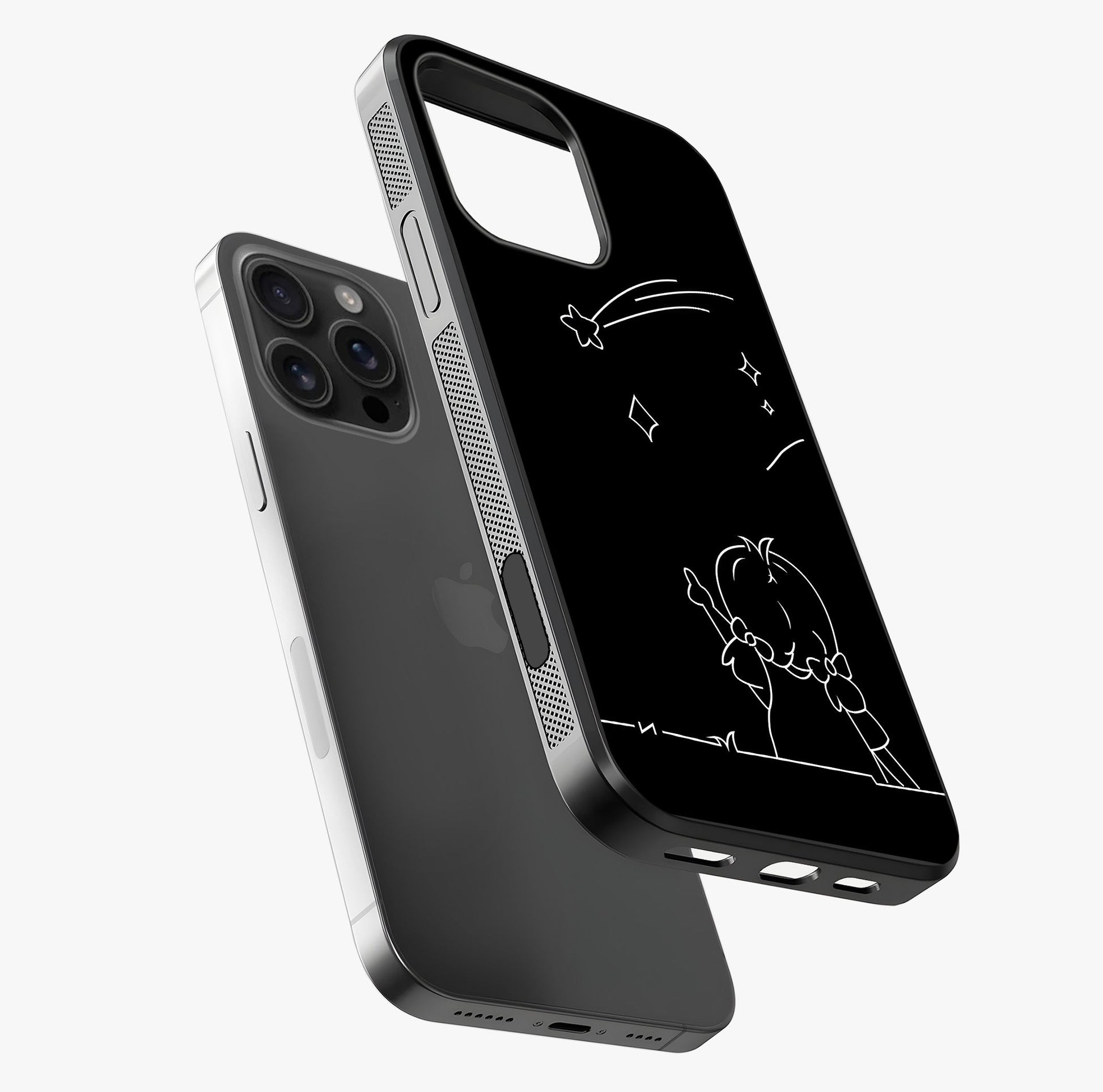 Line Art Girl With Shooting Stars Glass Case laid diagonally highlighting side profile, edges and glossy glass shine.