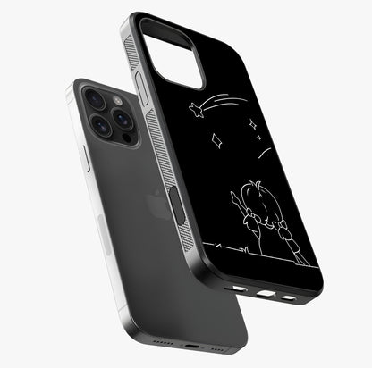 Line Art Girl With Shooting Stars Glass Case laid diagonally highlighting side profile, edges and glossy glass shine.