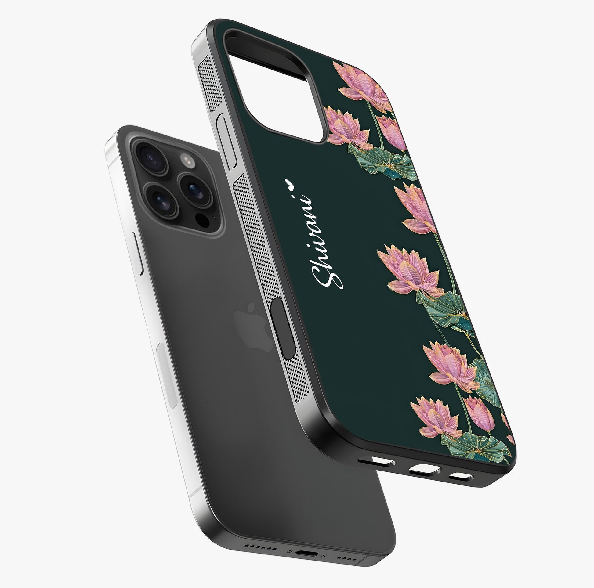 Lotus Bloom Serenity Custom Name Glass Case laid diagonally highlighting side profile, edges and glossy glass shine.