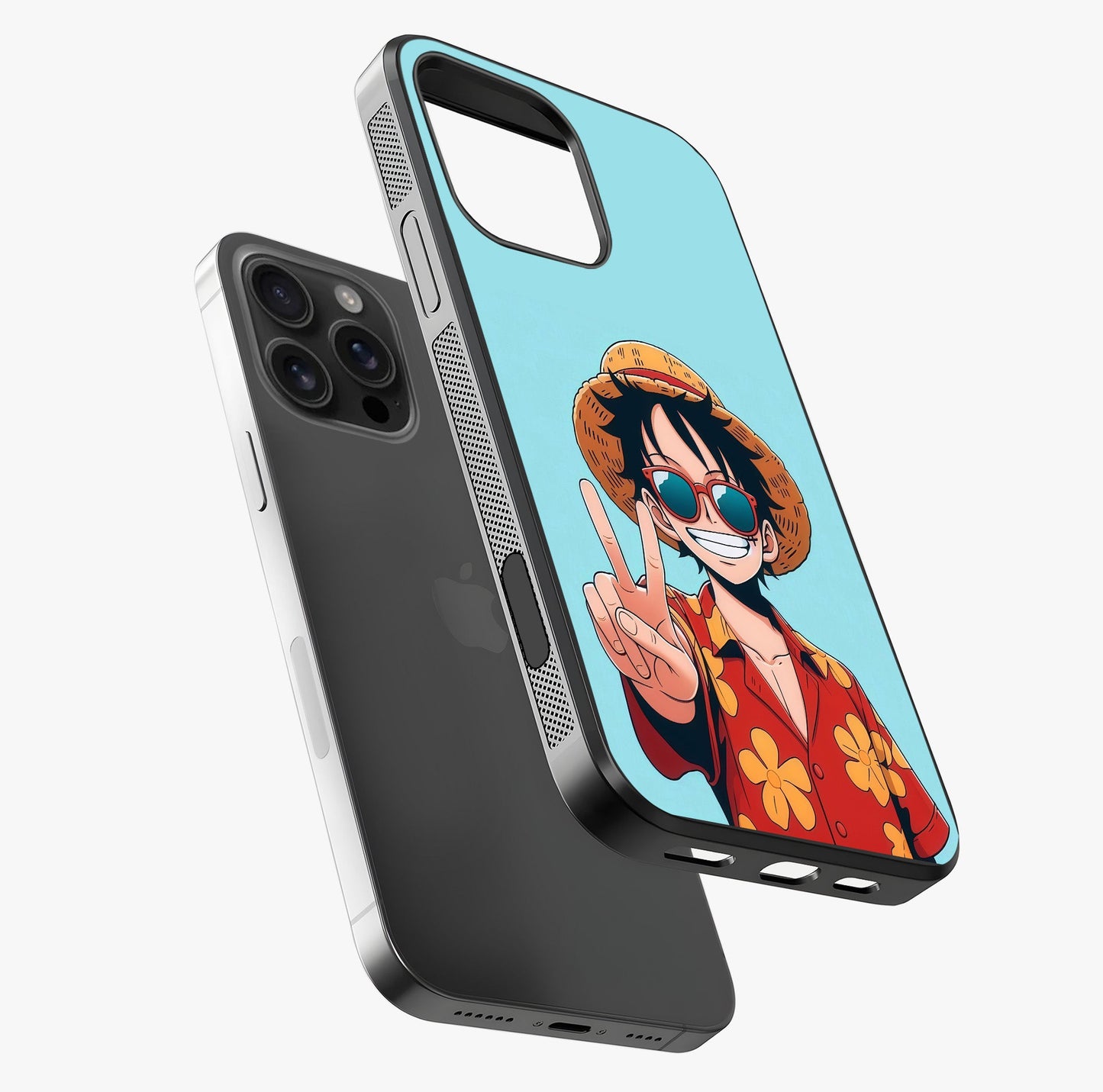 Luffy Summer Anime Vibe Glass Case laid diagonally highlighting side profile, edges and glossy glass shine.