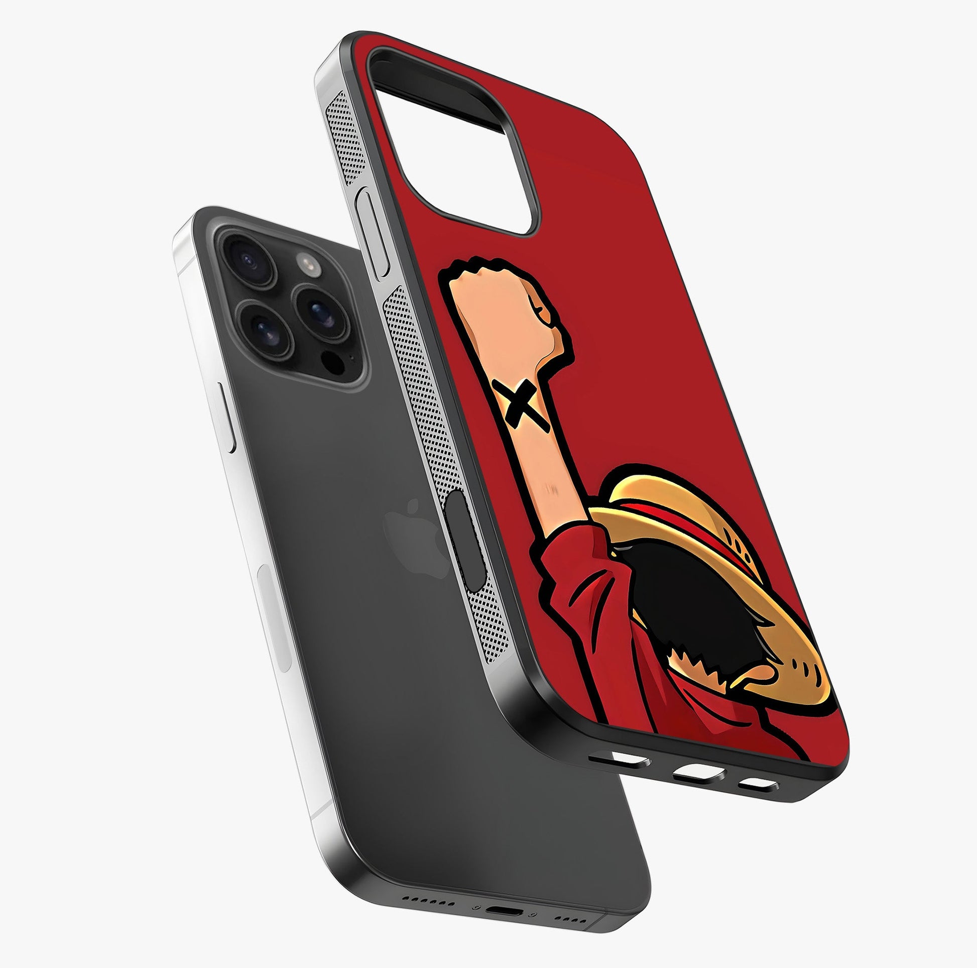 Luffy X Spirit Glass Case laid diagonally highlighting side profile, edges and glossy glass shine.