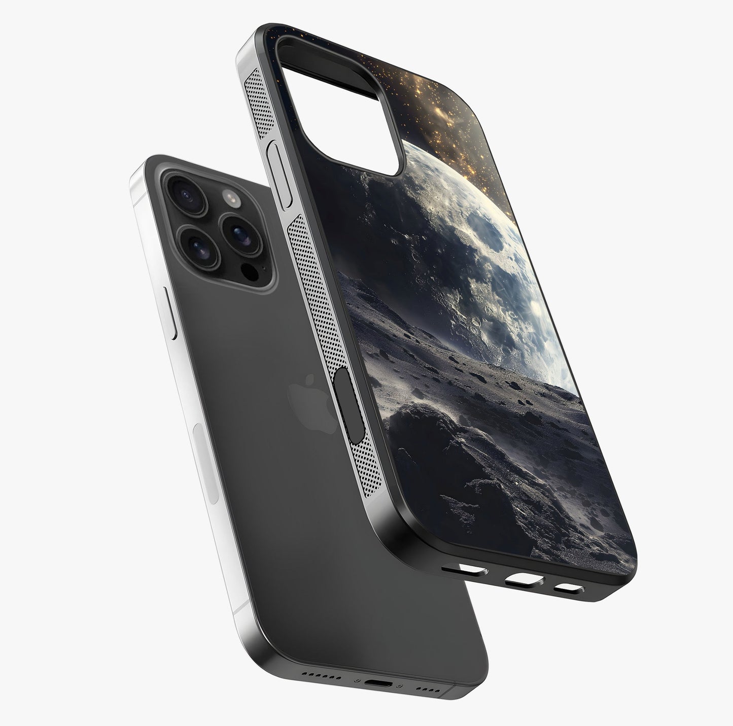 Lunar Horizon Glow Glass Case laid diagonally highlighting side profile, edges and glossy glass shine.