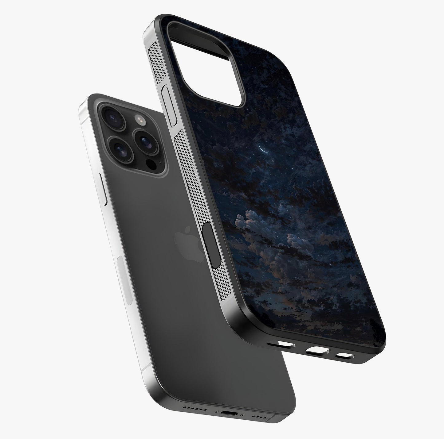 Lunar Veil Silence Glass Case laid diagonally highlighting side profile, edges and glossy glass shine.