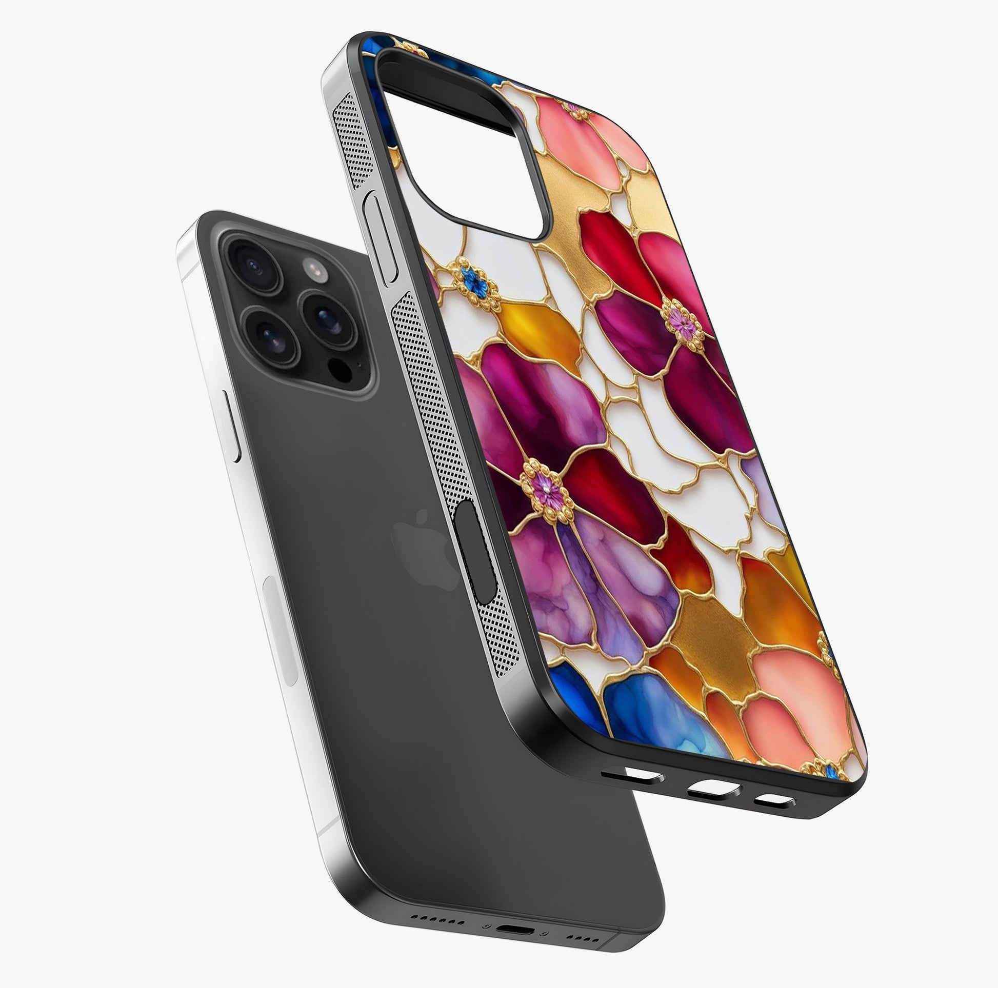 Marble Flower Pattern Glass Case laid diagonally highlighting side profile, edges and glossy glass shine.
