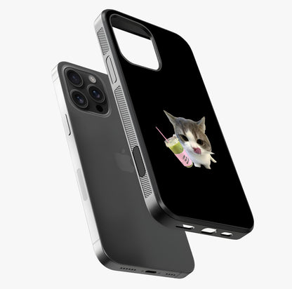 Matcha Cat Style Glass Case laid diagonally highlighting side profile, edges and glossy glass shine.