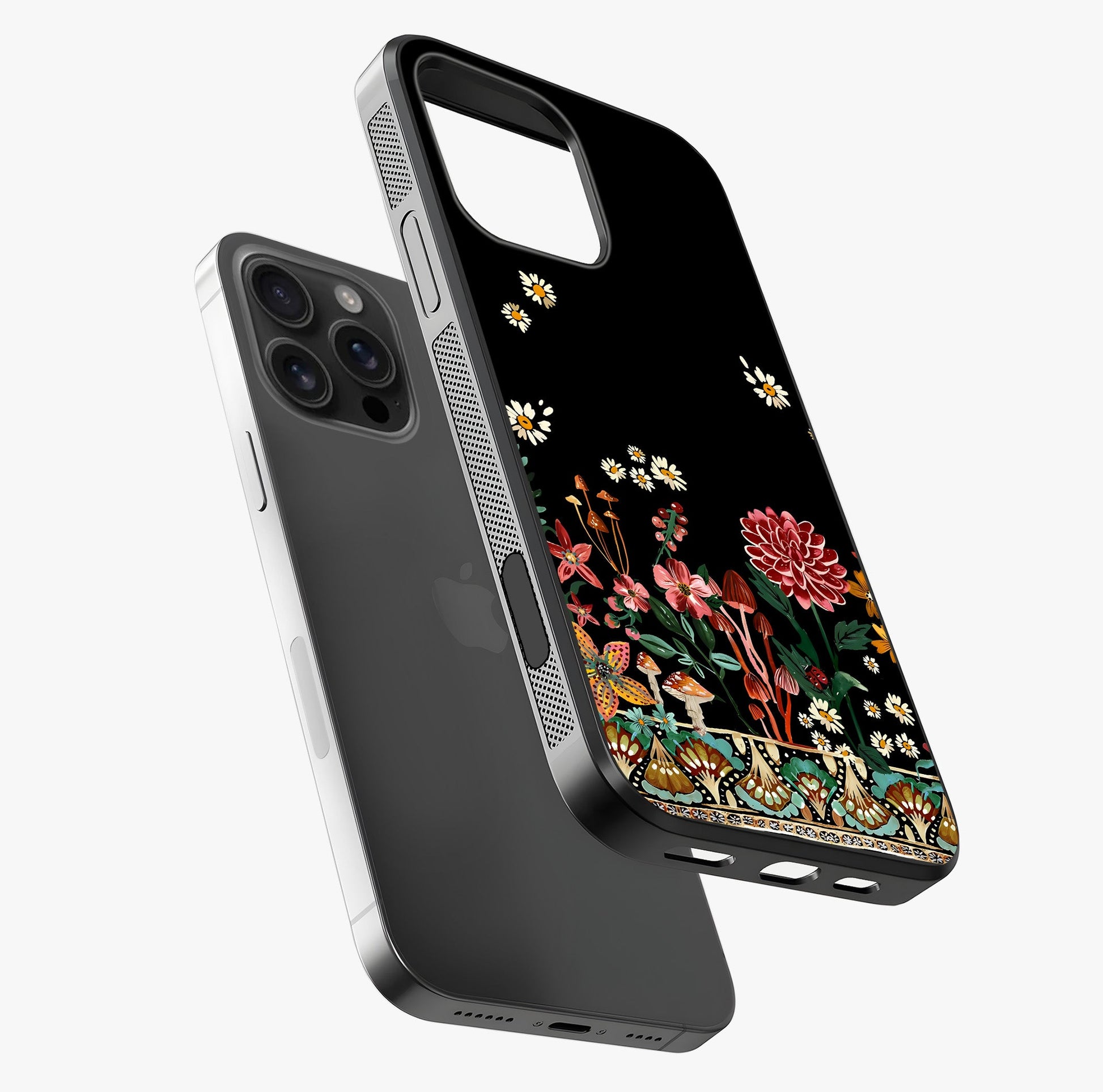 Midnight Bloom Pattern Glass Case laid diagonally highlighting side profile, edges and glossy glass shine.