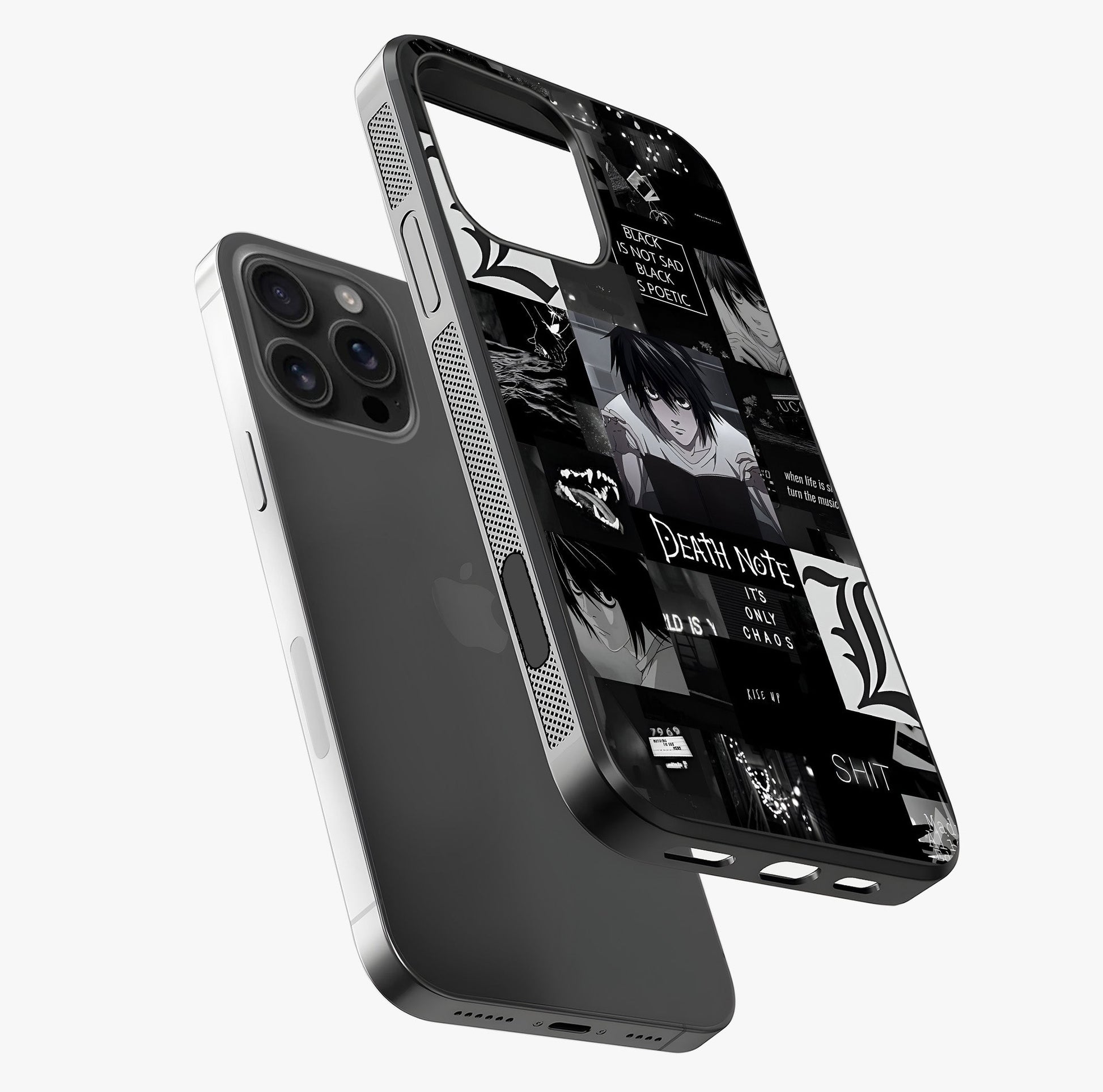 Midnight Chaos Mind Glass Case laid diagonally highlighting side profile, edges and glossy glass shine.