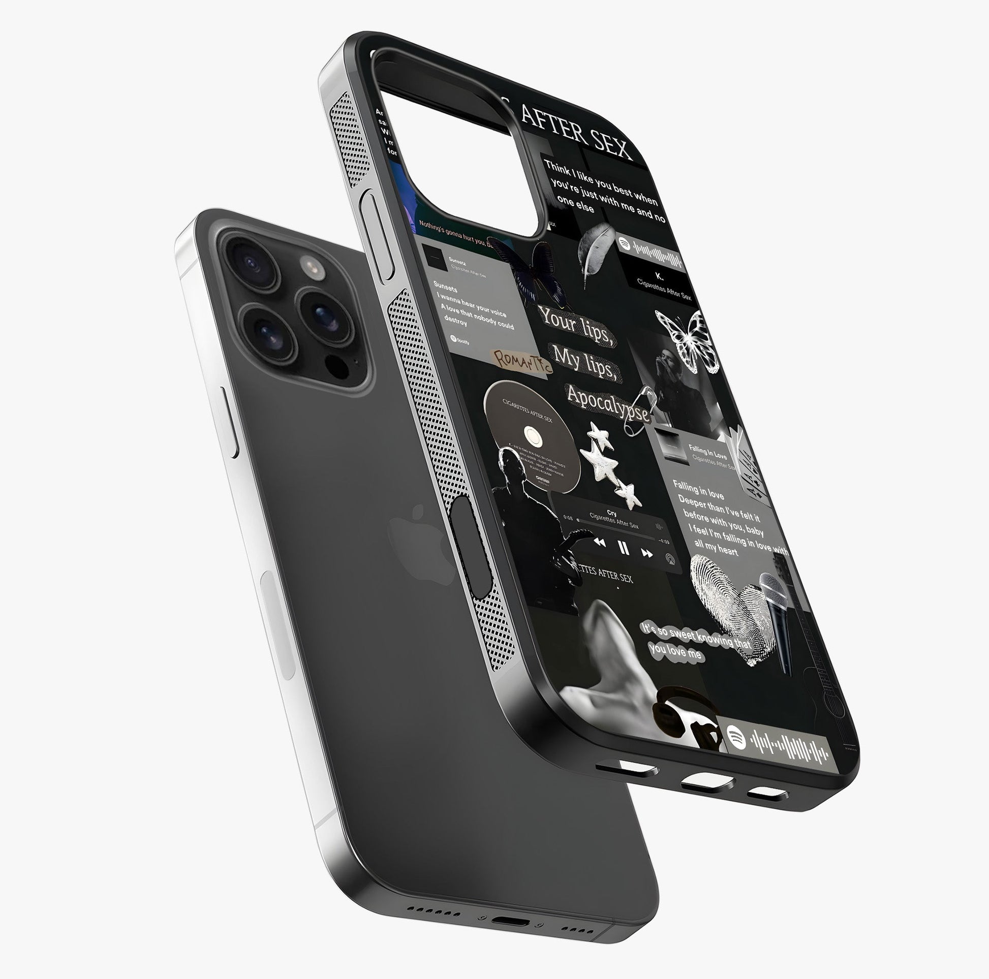 Midnight Love Echo Glass Case laid diagonally highlighting side profile, edges and glossy glass shine.