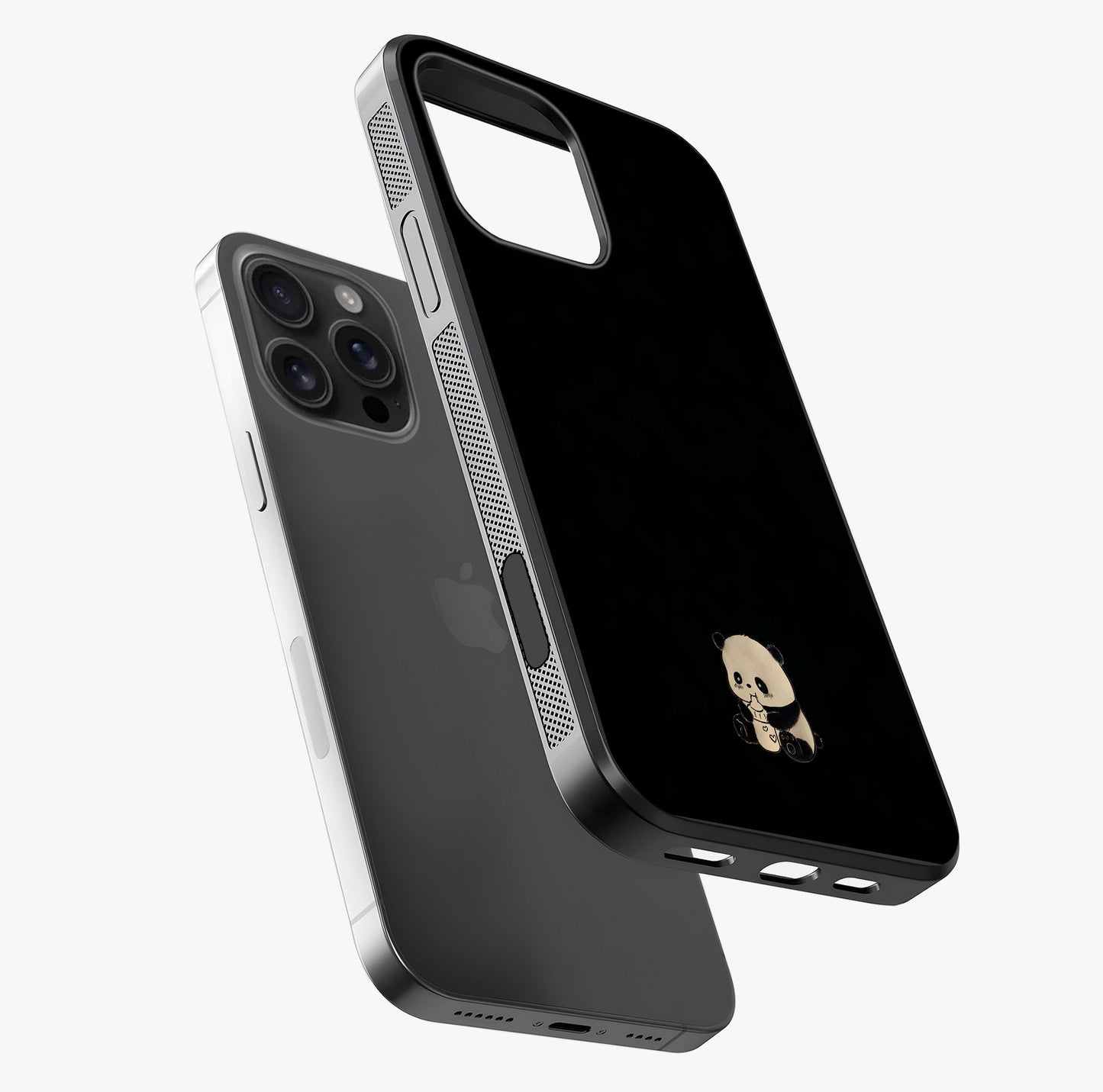 Midnight Panda Love Glass Case laid diagonally highlighting side profile, edges and glossy glass shine.