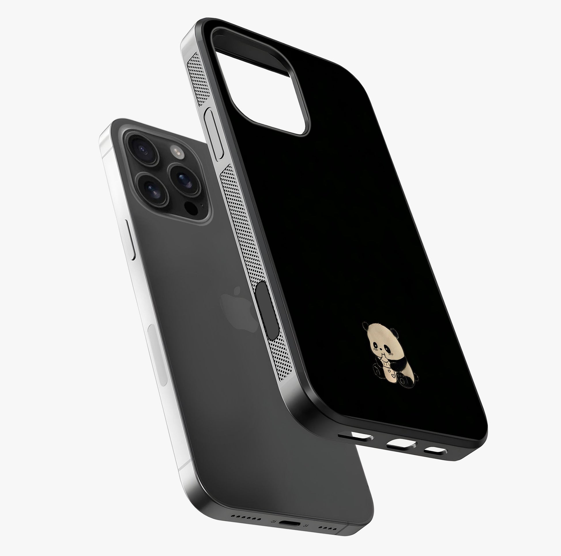 Midnight Panda Love Glass Case laid diagonally highlighting side profile, edges and glossy glass shine.