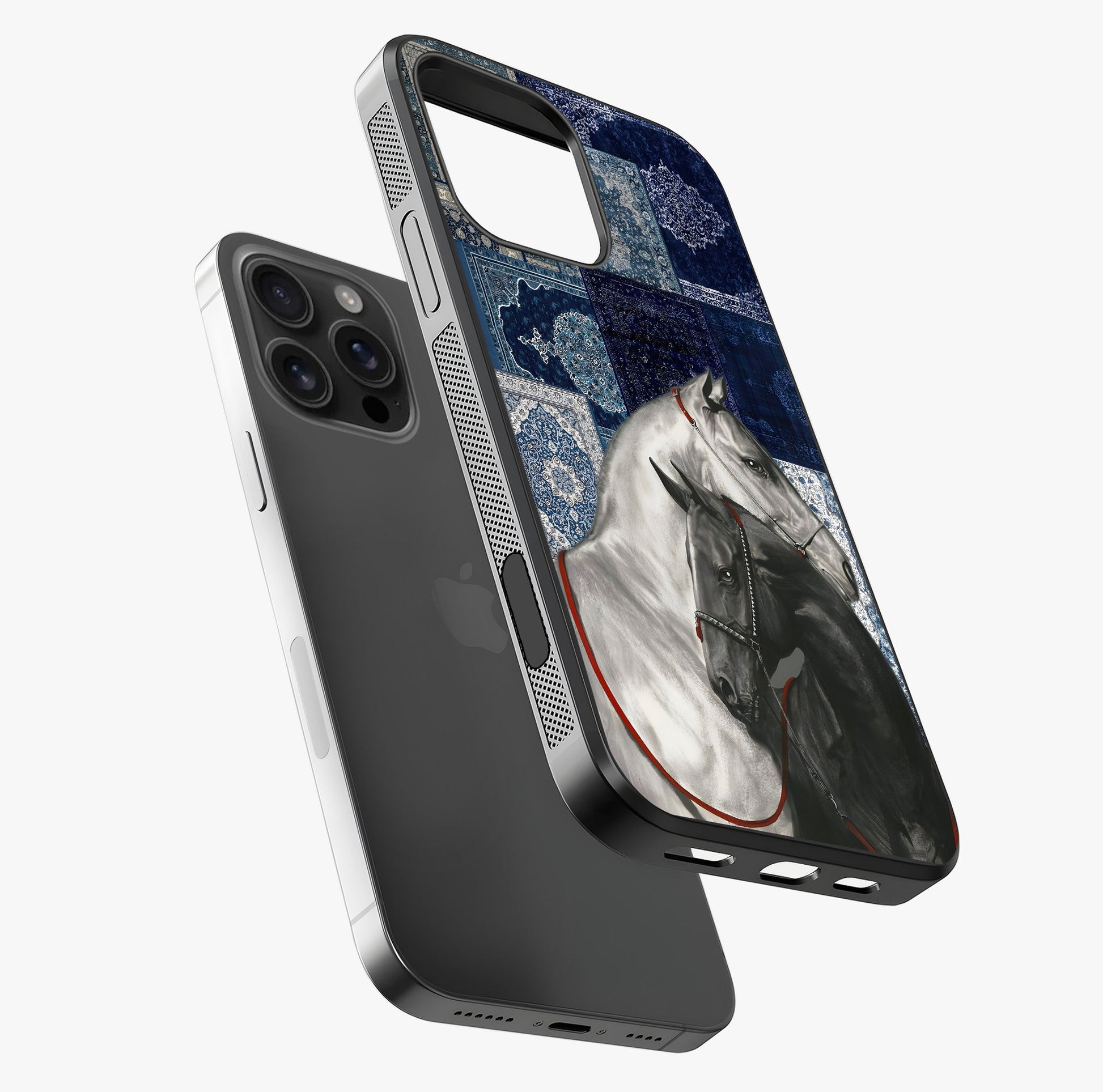 Midnight Stallion Blues Glass Case laid diagonally highlighting side profile, edges and glossy glass shine.