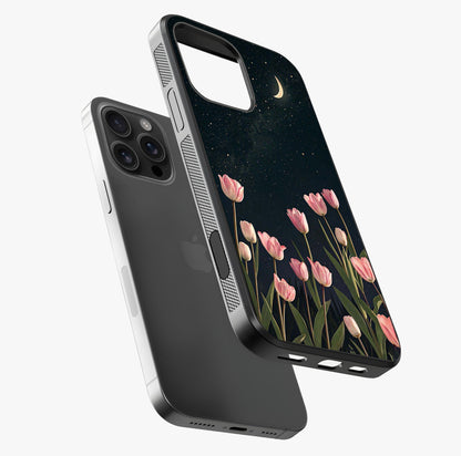 Midnight Tulip Whispers Vibe Glass Case laid diagonally highlighting side profile, edges and glossy glass shine.