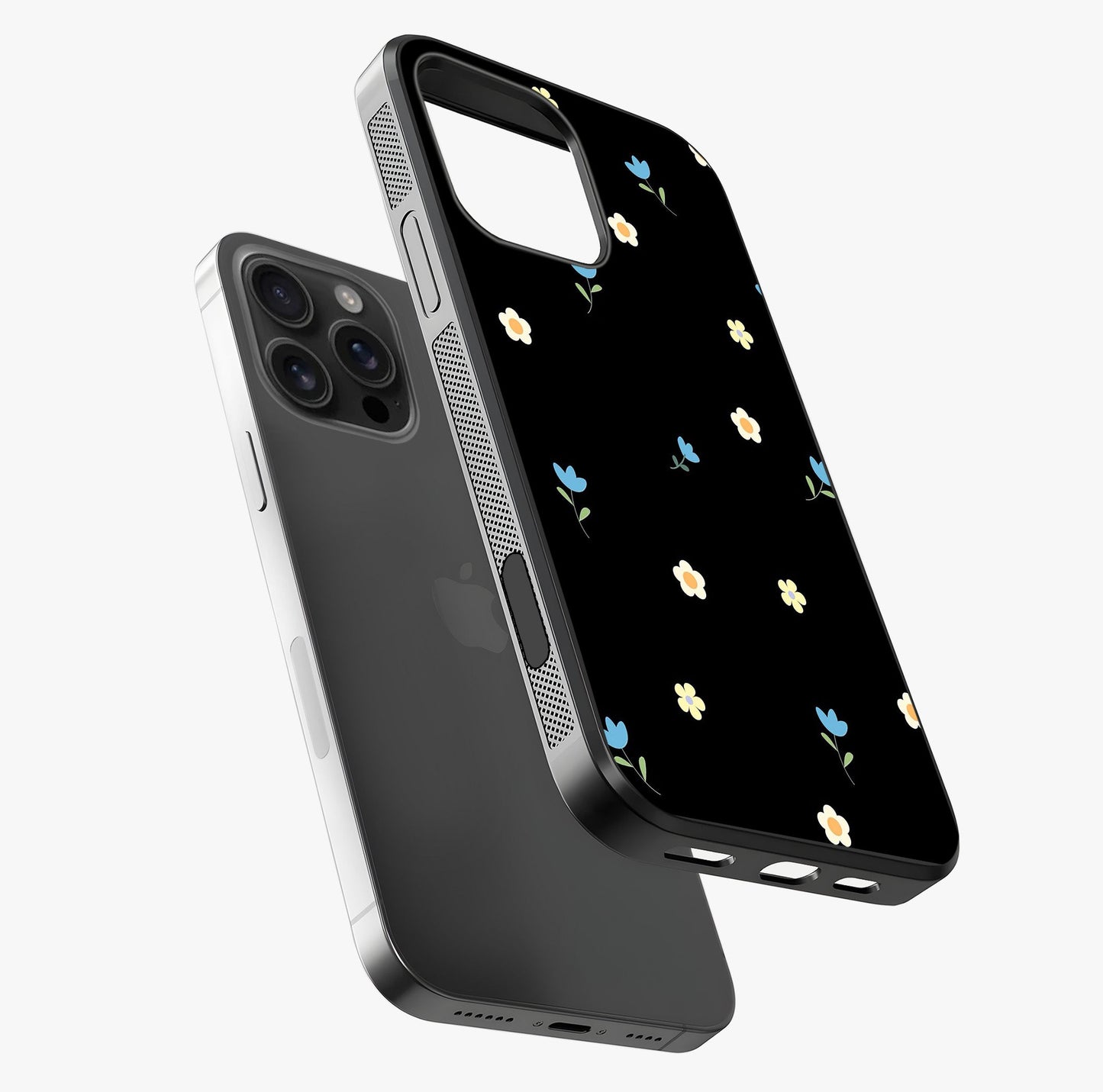 Minimalistic Blue With White Flower Pattern Glass Case laid diagonally highlighting side profile, edges and glossy glass shine.