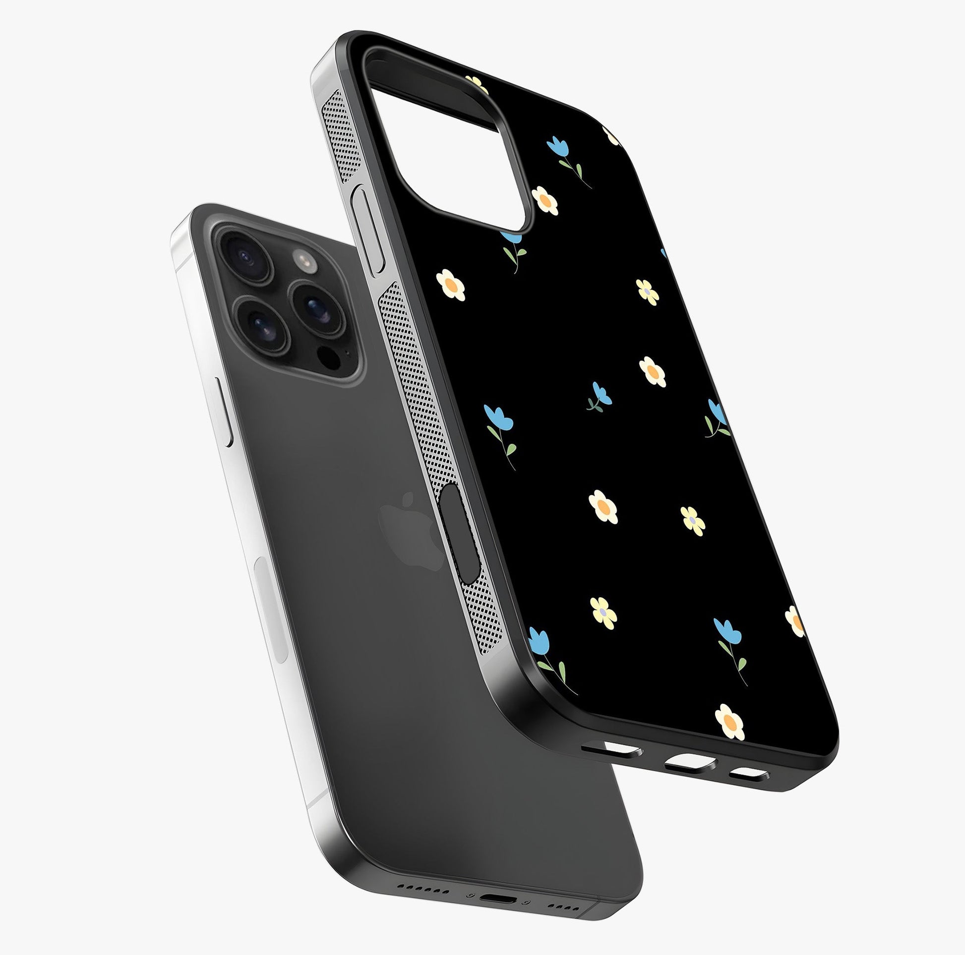 Minimalistic Blue With White Flower Pattern Glass Case laid diagonally highlighting side profile, edges and glossy glass shine.
