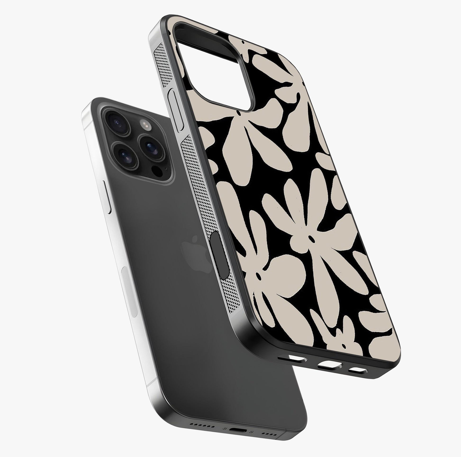 Monochrome Petal Dance Glass Case laid diagonally highlighting side profile, edges and glossy glass shine.