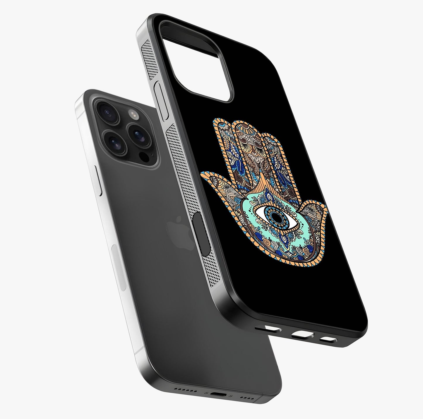 Mystic Hamsa Eye Glass Case laid diagonally highlighting side profile, edges and glossy glass shine.