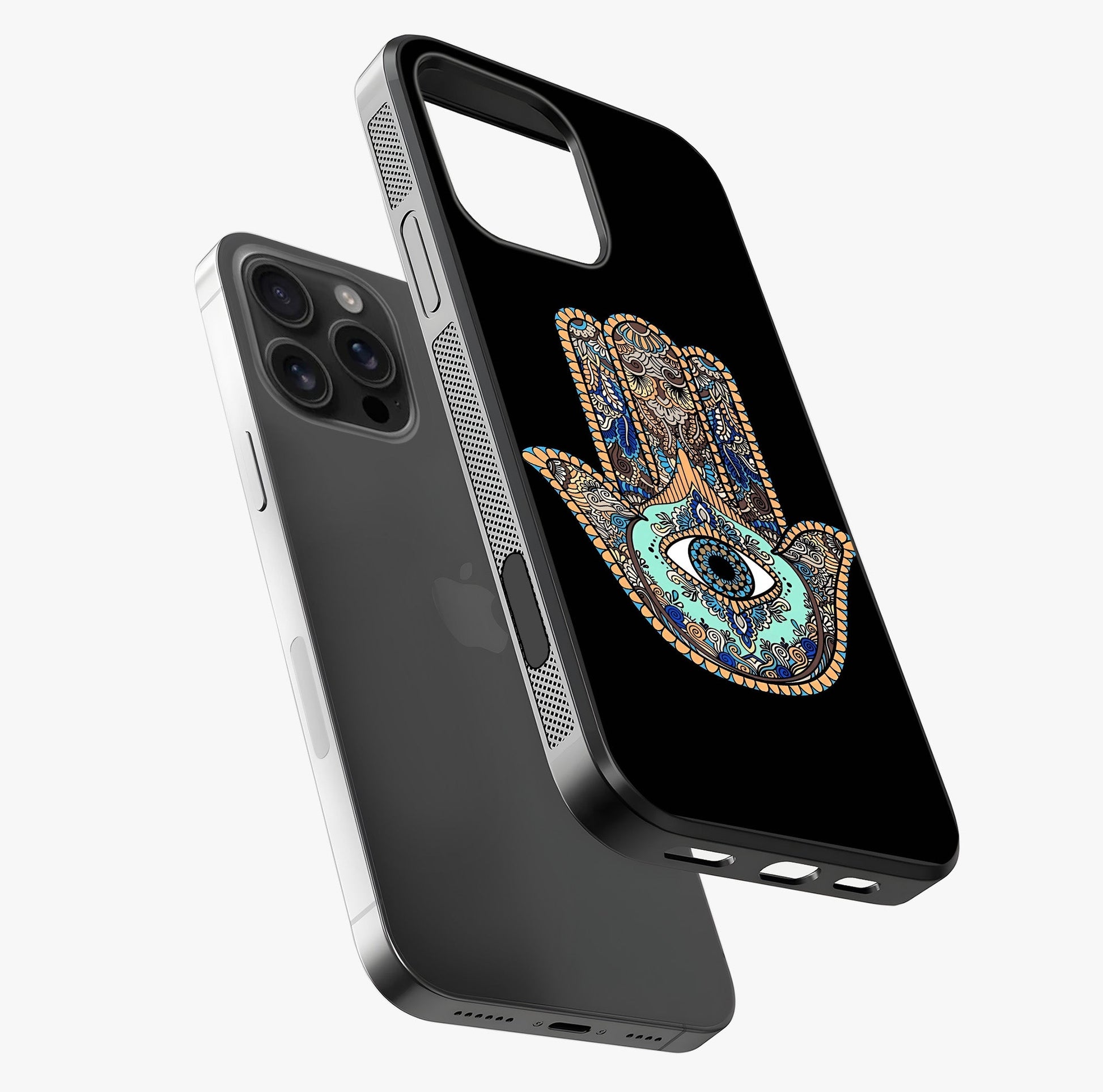 Mystic Hamsa Eye Glass Case laid diagonally highlighting side profile, edges and glossy glass shine.