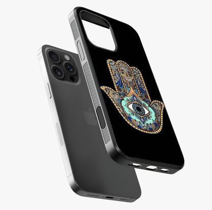 Mystic Hamsa Eye Glass Case laid diagonally highlighting side profile, edges and glossy glass shine.