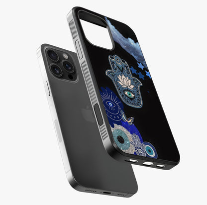 Mystic Hand Aura Glass Case laid diagonally highlighting side profile, edges and glossy glass shine.