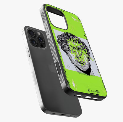 Neo Graffiti Rebellion Glass Case laid diagonally highlighting side profile, edges and glossy glass shine.