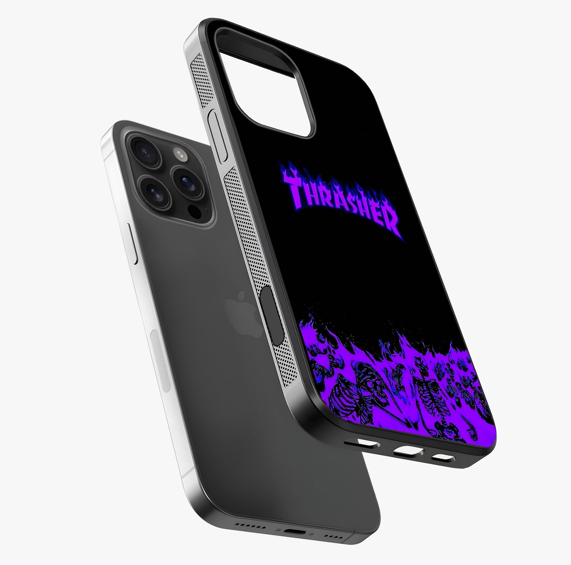 Neon Flame Riot Glass Case laid diagonally highlighting side profile, edges and glossy glass shine.