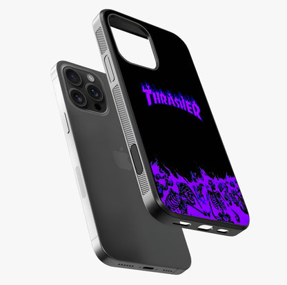 Neon Flame Riot Glass Case laid diagonally highlighting side profile, edges and glossy glass shine.