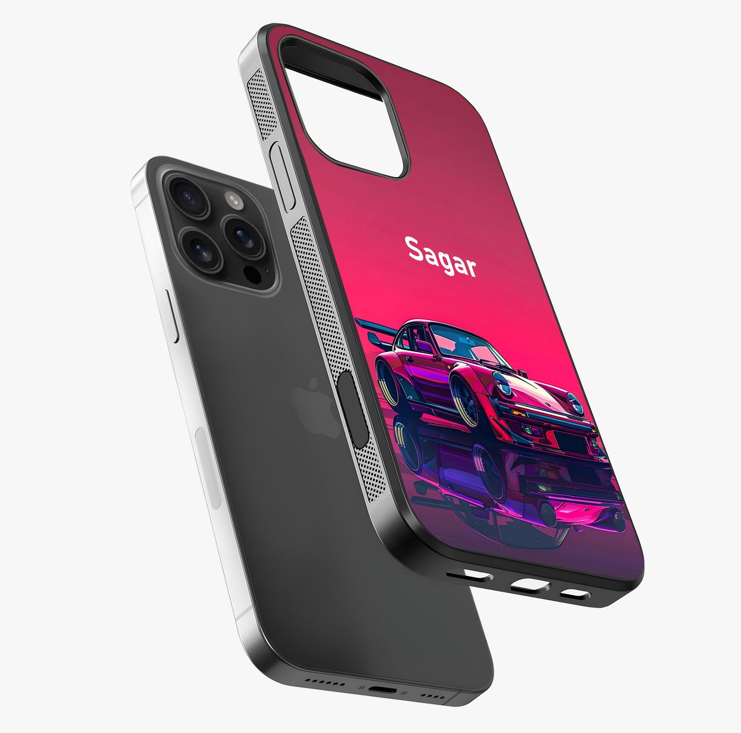Neon Pink Porsche Glass Case laid diagonally highlighting side profile, edges and glossy glass shine.