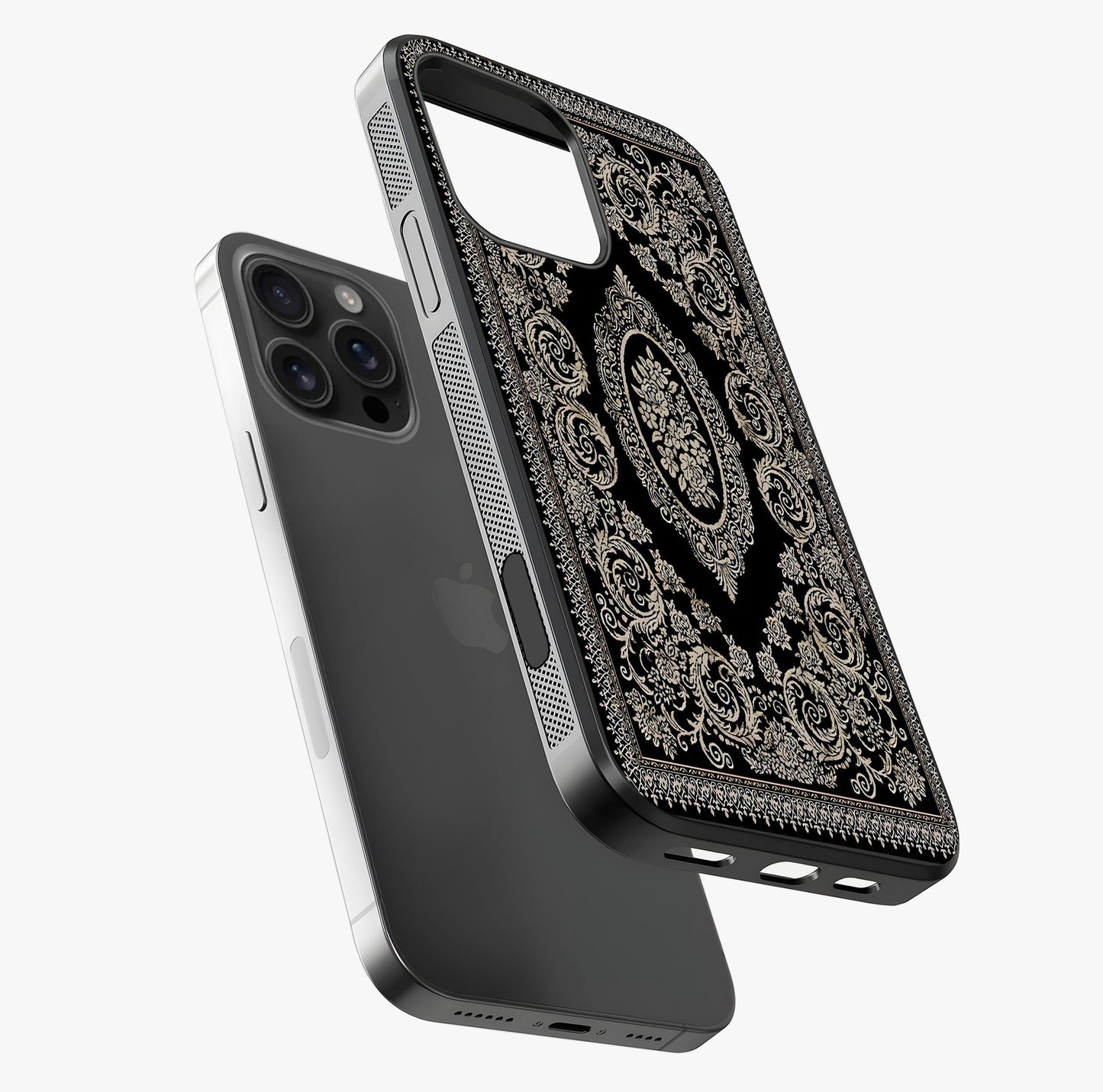 Noir Bloom Elegance Glass Case laid diagonally highlighting side profile, edges and glossy glass shine.