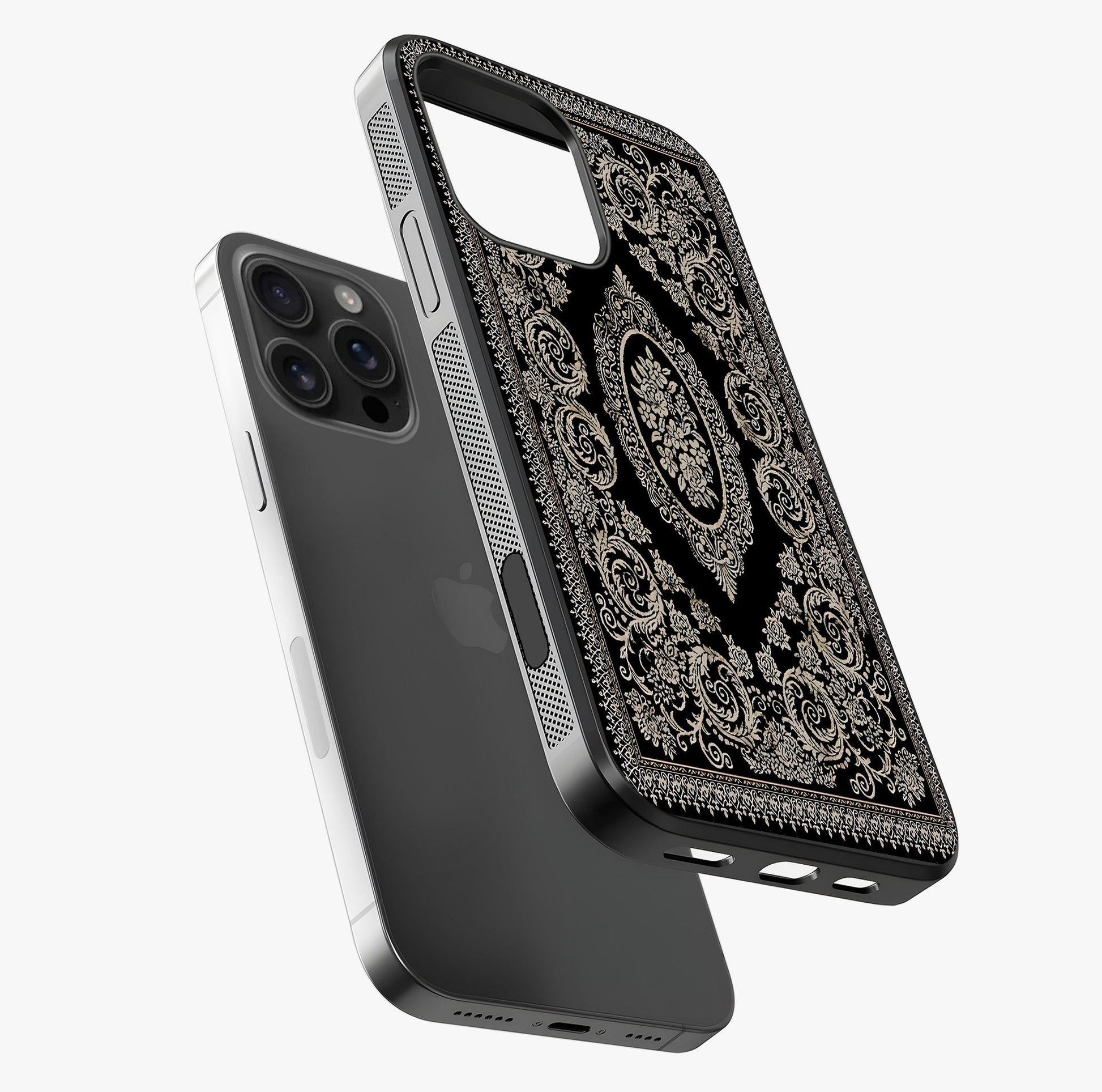 Noir Bloom Elegance Glass Case laid diagonally highlighting side profile, edges and glossy glass shine.