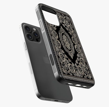 Noir Bloom Elegance Glass Case laid diagonally highlighting side profile, edges and glossy glass shine.