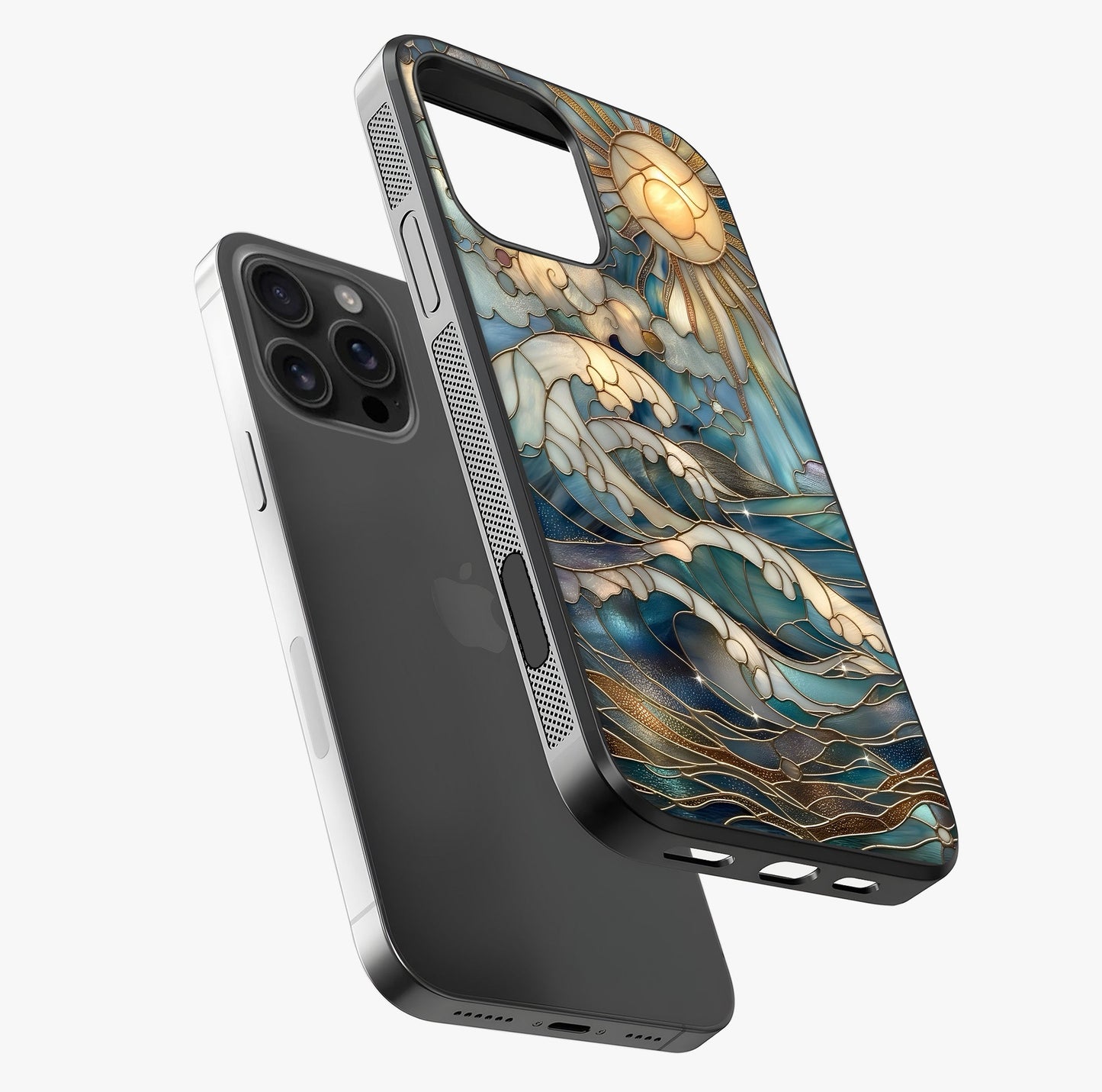 Oceanic Stained Printed Glass Case laid diagonally highlighting side profile, edges and glossy glass shine.