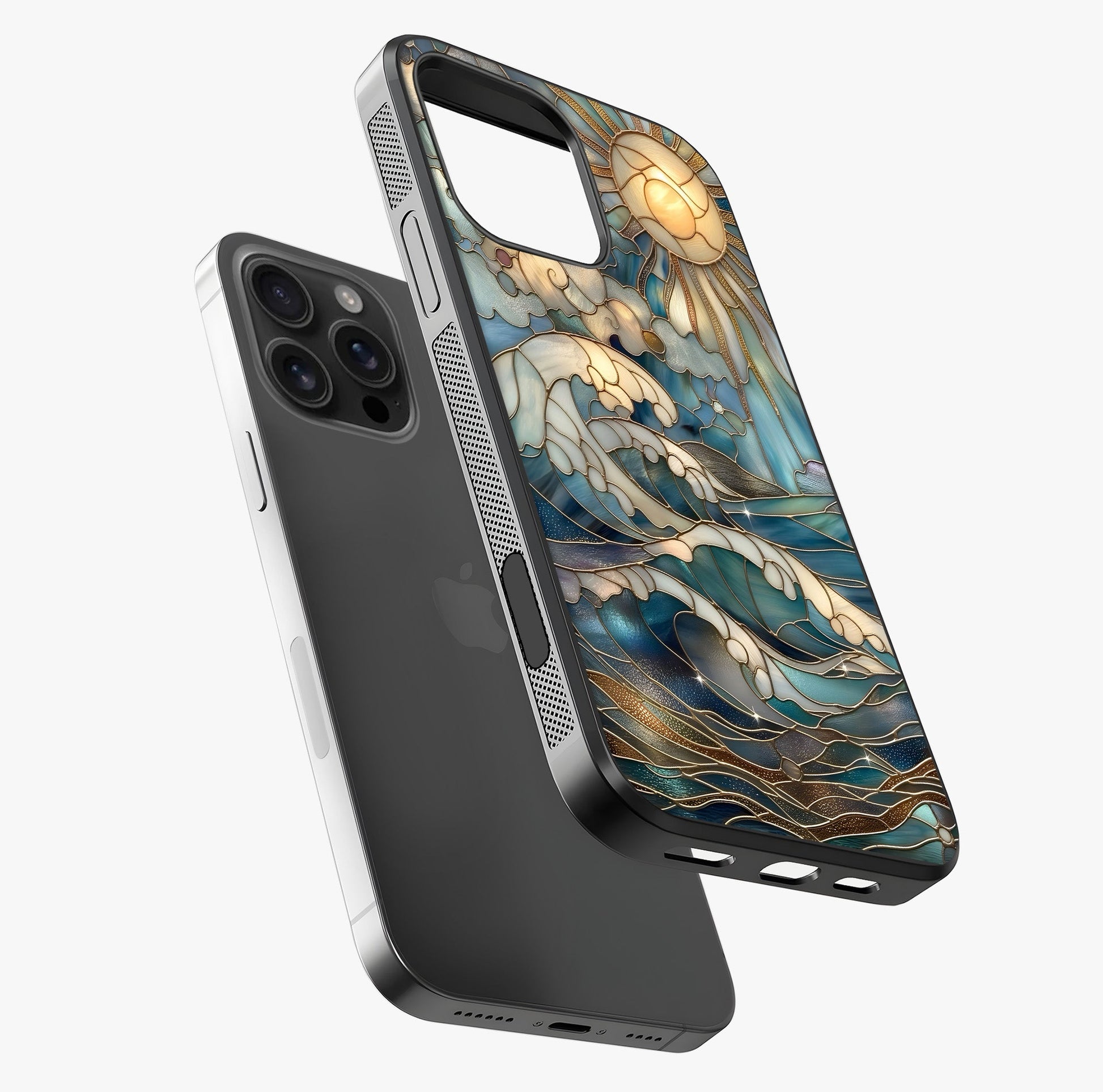 Oceanic Stained Printed Glass Case laid diagonally highlighting side profile, edges and glossy glass shine.