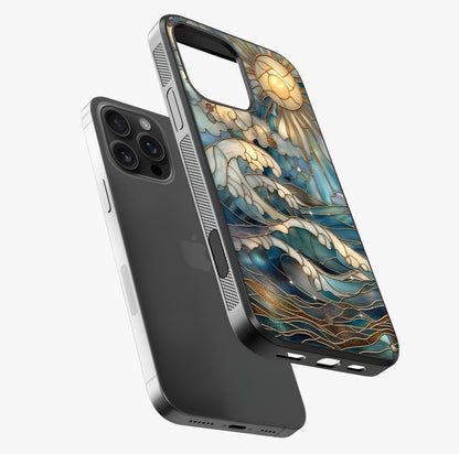 Oceanic Stained Printed Glass Case laid diagonally highlighting side profile, edges and glossy glass shine.