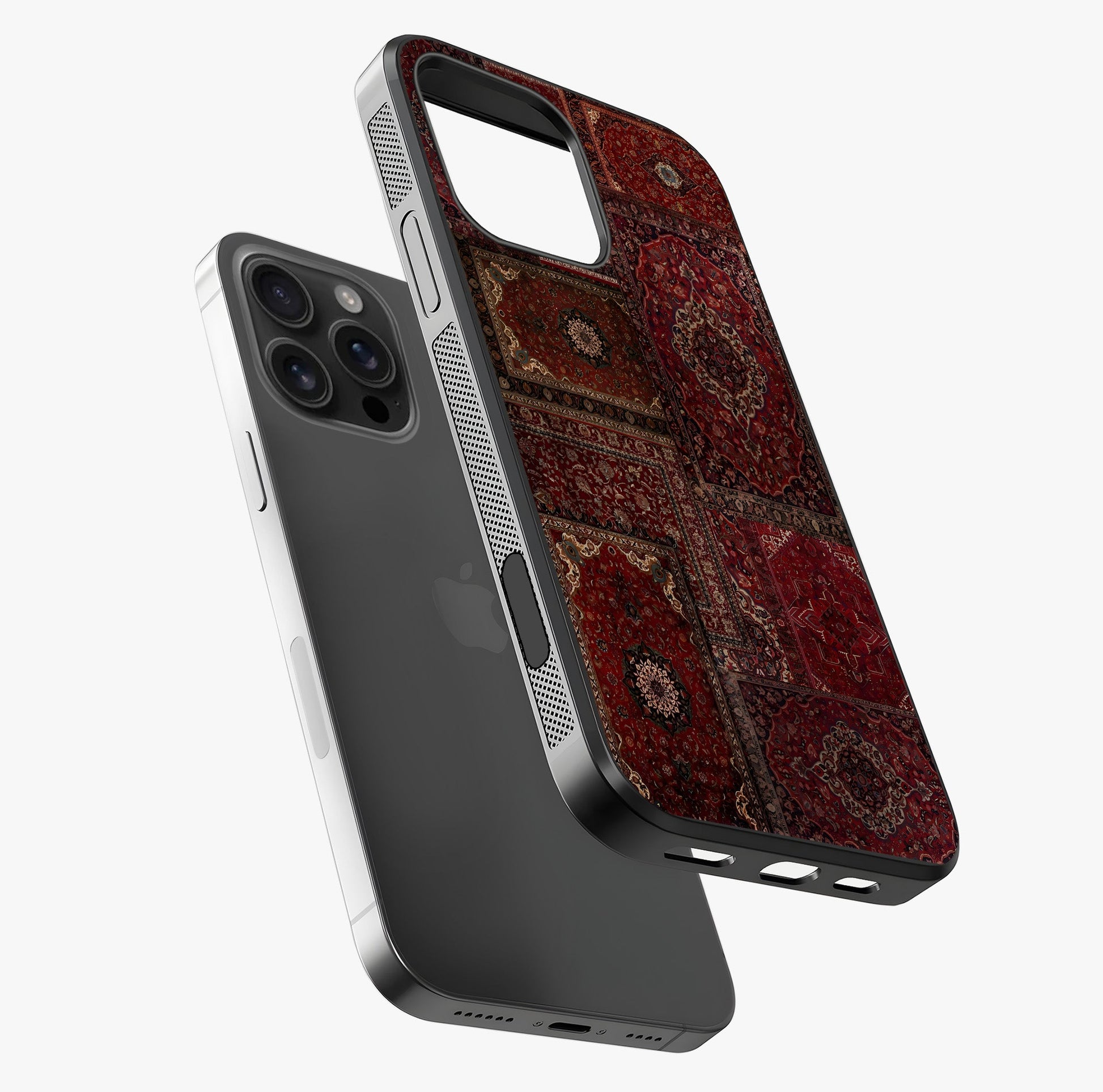 Persian Velvet Tale Glass Case laid diagonally highlighting side profile, edges and glossy glass shine.